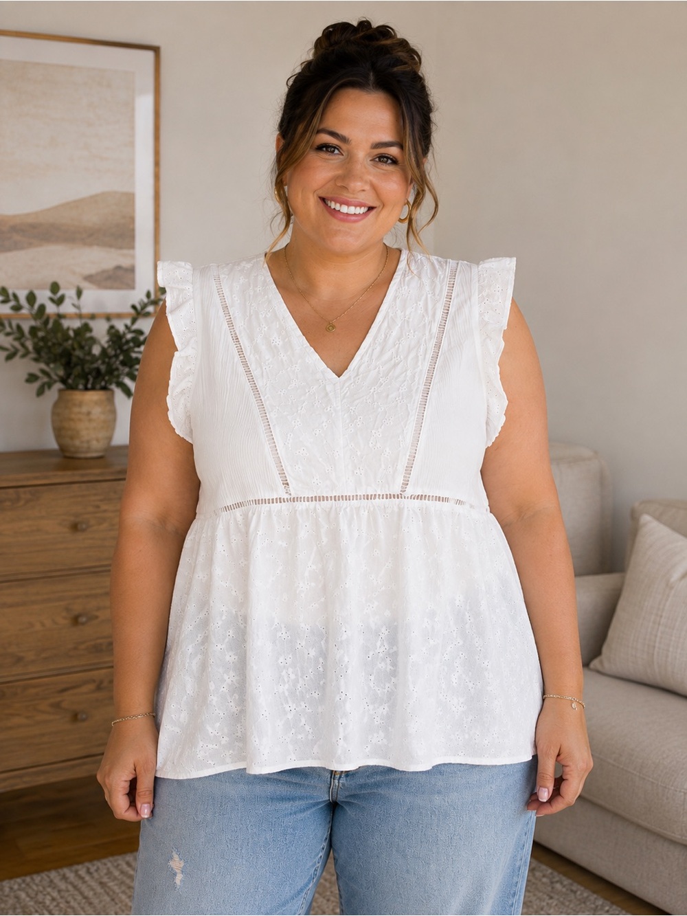 Plus Size 2X White Eyelet Cotton Ruffle Blouse Cottagecore Boho Top Flowy Fairy
